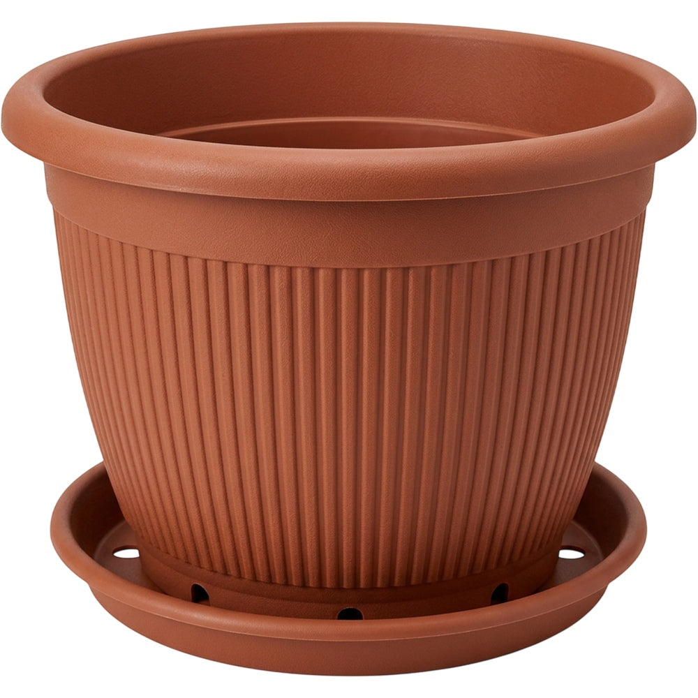 Kgpxf Ribbed Round Plastic Planter with Saucer 12 in Clay Brown - Product view