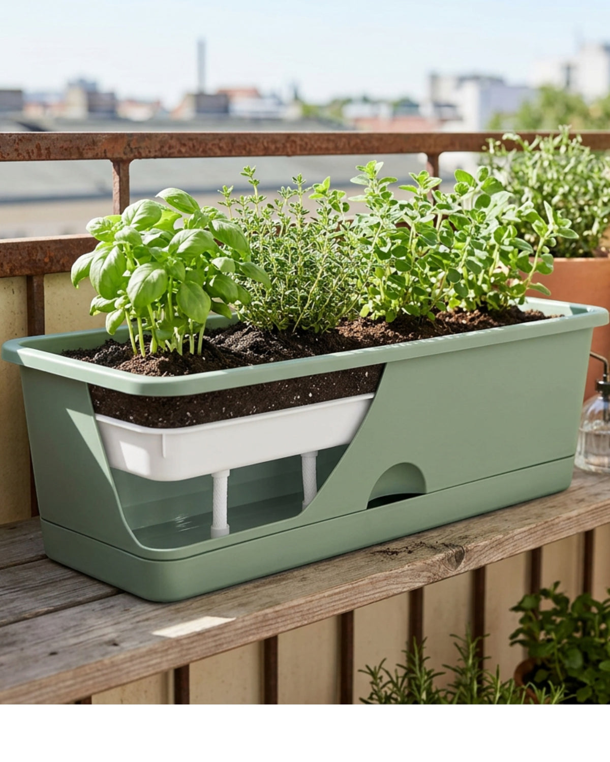 Kgpxf Self-Watering Window Planter 24 in Sage Green - Lifestyle view